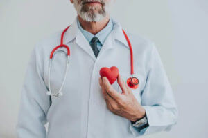 a cardiologist holding a fake heart
