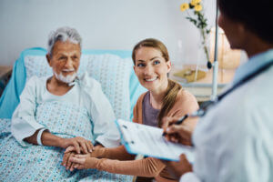 Happy woman and her hospitalized father talking to a primary care doctor for adults at the clinic.