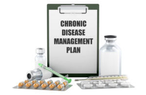 Chronic disease management plan, inscription on clipboard with pills, vials and syringe.