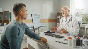 Middle Aged Erectile dysfunction (ED) Specialist is Talking with Young Male Patient During Consultation in a Health Clinic.